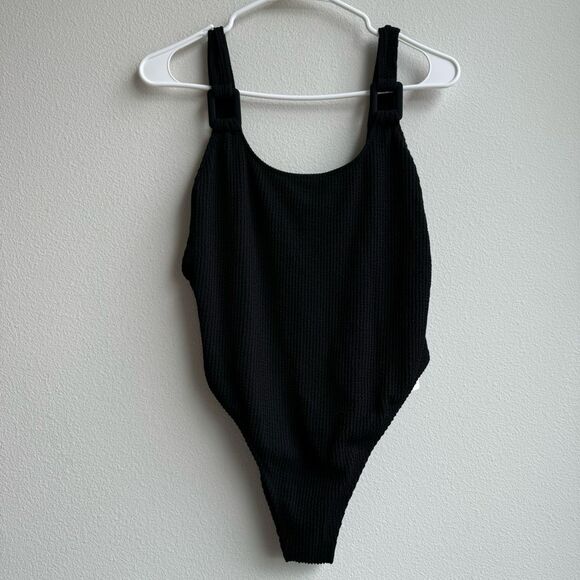 NWT Aerie Size Large Crinkle Cheeky Coverage One Piece Swimsuit Black Scoop Back - Picture 2 of 7